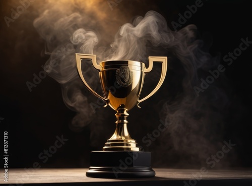 Trophy cup with smoke on a dark background