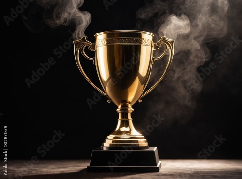 Trophy cup with smoke on a dark background