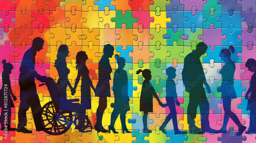 Obraz premium Colorful Jigsaw Puzzle with Silhouette Figures - Diversity and Inclusion Theme