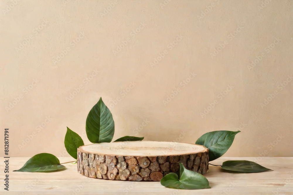 Minimal modern product display on neutral beige background wood slice podium Minimal modern product display on neutral beige background wood slice podium