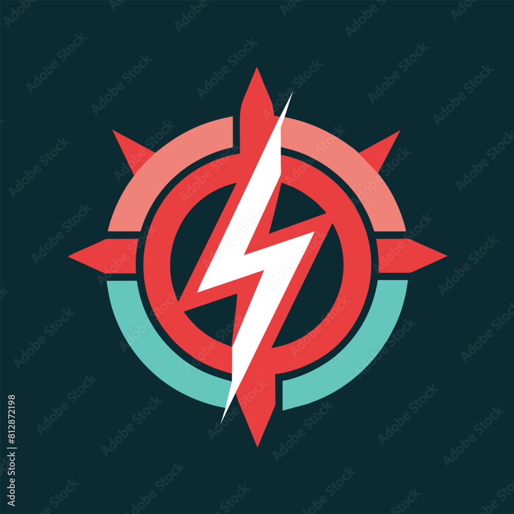 Fototapeta premium A red and white lightning bolt stands out against a stark black background, A minimalist symbol depicting the power of branding for a marketing firm