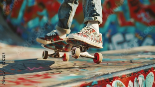 A skateboarder is doing an ollie over a painted surface.