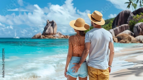 Anse Source dArgent La Digue Seychelles a young couple of Caucasian men and Asian women on a tropical beach during a luxury vacation in Anse Source dArgent La Digue Seychelles : Generative AI photo