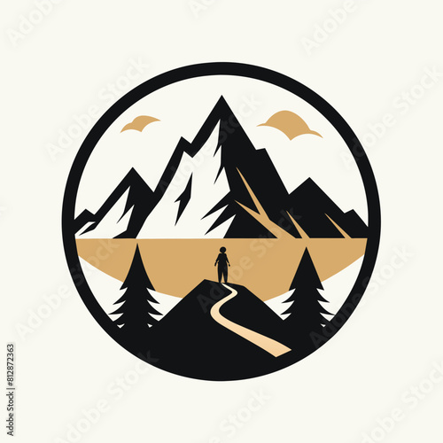 A person standing at the summit of a mountain, overlooking the landscape below, A minimalistic logo design incorporating a mountain silhouette for a hiking trip planner photo