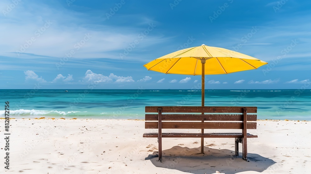 Wooden beach bench under parasol umbrella on tropical island beach Holiday relaxation with turquoise sea and blue sky landscape Summer vacation travel concept : Generative AI