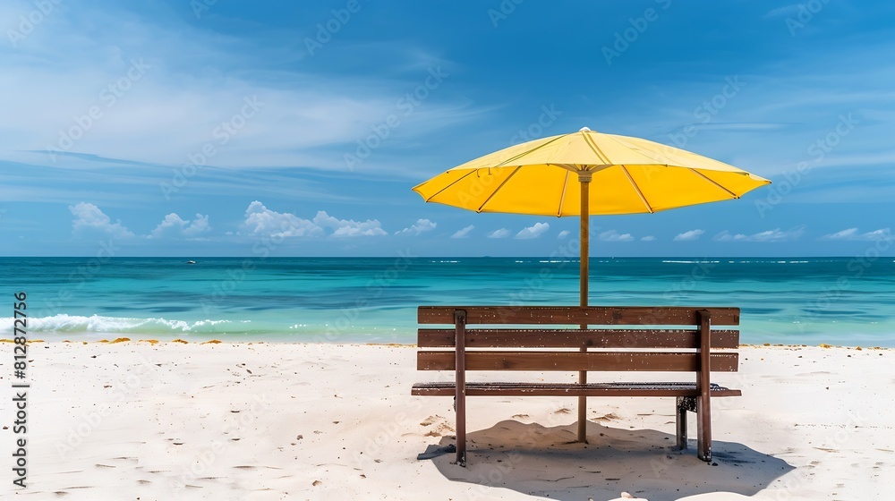 Wooden beach bench under parasol umbrella on tropical island beach Holiday relaxation with turquoise sea and blue sky landscape Summer vacation travel concept : Generative AI Wooden beach bench under parasol umbrella on tropical island beach Holiday relaxation with turquoise sea and blue sky landscape Summer vacation travel concept : Generative AI