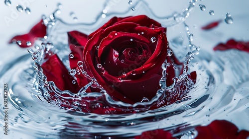 Abstract red rose under glass plate with water drops and splash on light background Red flower and red petals Abstract floral aesthetic Artistic flower Drops and blobs pattern Water su : Generative AI