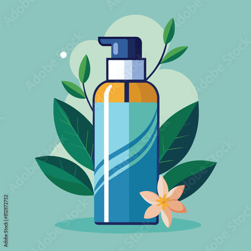 A bottle of hand sanitizer placed next to a delicate flower, A modern interpretation of a skincare bottle or packaging, emphasizing simplicity and sophistication