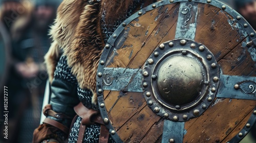 A Viking warrior with a shield and a sword, ready to fight for his life. photo