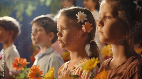 School kids participating in flower themed school play. Cheerful children performing on theater stage in front of their parents. Creative leisure for elementary school students. hyper realistic  photo