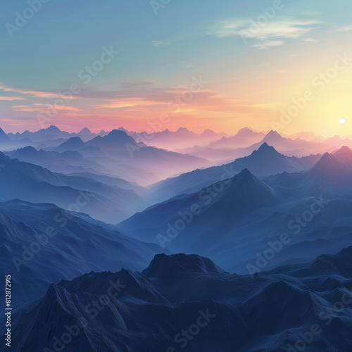 Serene mountain sunrise with misty peaks and warm glow © connel_design