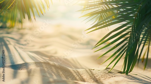 Summer Banner Sunny Sand With Palm Leaves In Tropical Beach : Generative AI