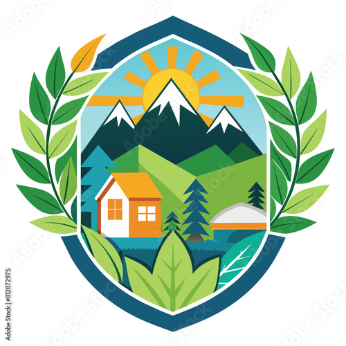 A house stands amidst lush green leaves with towering mountains in the background, A modern logo design incorporating elements of nature and domesticity