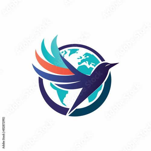 A bird in flight over a stylized earth map in a modern logo design, A modern logo with a stylized world map and flying bird, minimalist logo