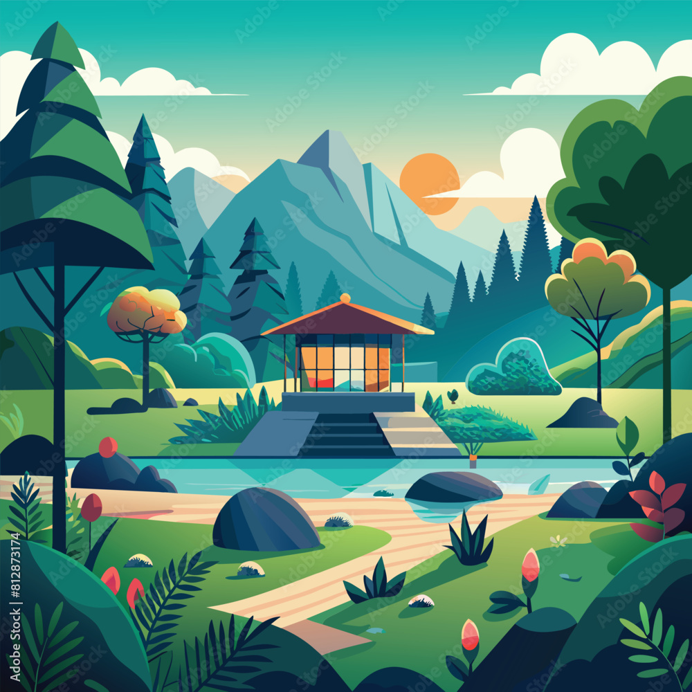 Naklejka premium A painting depicting a vast landscape with towering mountains and lush trees under a clear sky, A peaceful landscape featuring a tranquil yoga studio nestled in nature