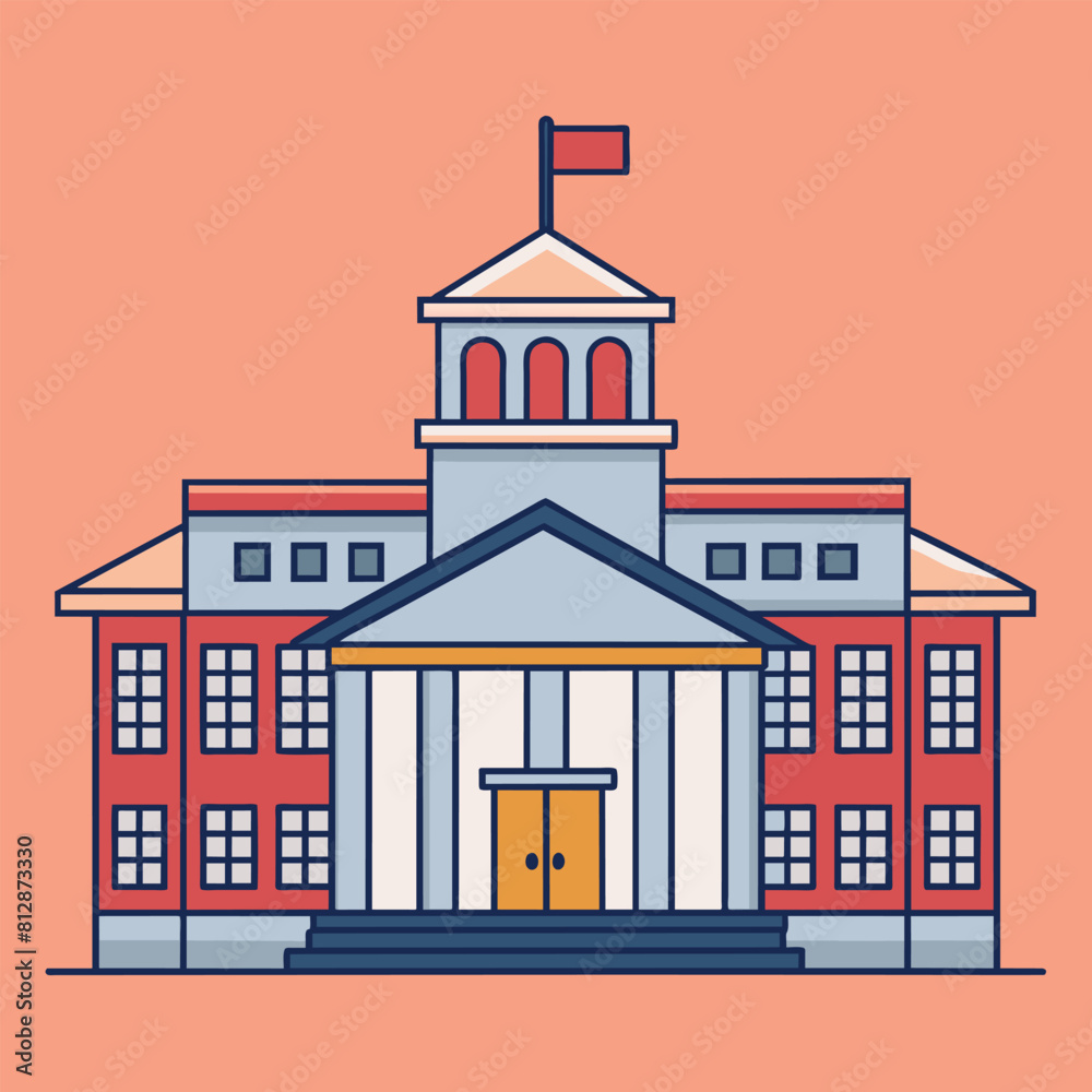 A building with a flag waving on top of it, A series of lines forming a minimalist depiction of a school building A building with a flag waving on top of it, A series of lines forming a minimalist depiction of a school building