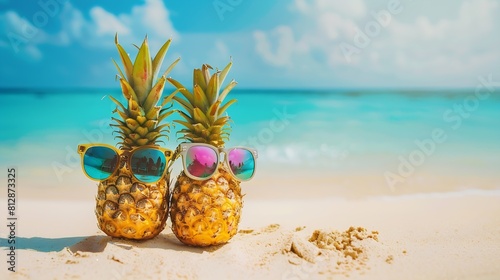 Couple of attractive pineapples in stylish mirrored sunglasses on the sand against turquoise sea Tropical summer vacation concept Sunny day on the beach of tropical island Honeymoon Fa : Generative AI