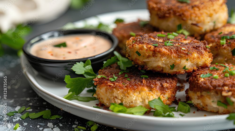 crab cakes being plated from the air fryer, golden brown and packed with flavor with a side of remoulade sauce 