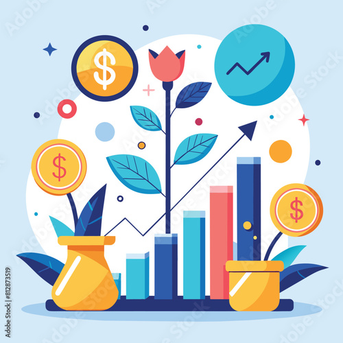A plant covered with various denominations of money and coins, symbolizing prosperity and growth, A simple, elegant design incorporating the initials of a skincare brand