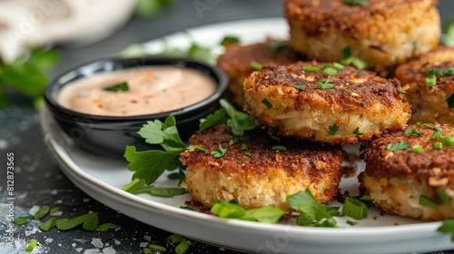 crab cakes being plated from the air fryer, golden brown and packed with flavor with a side of remoulade sauce 