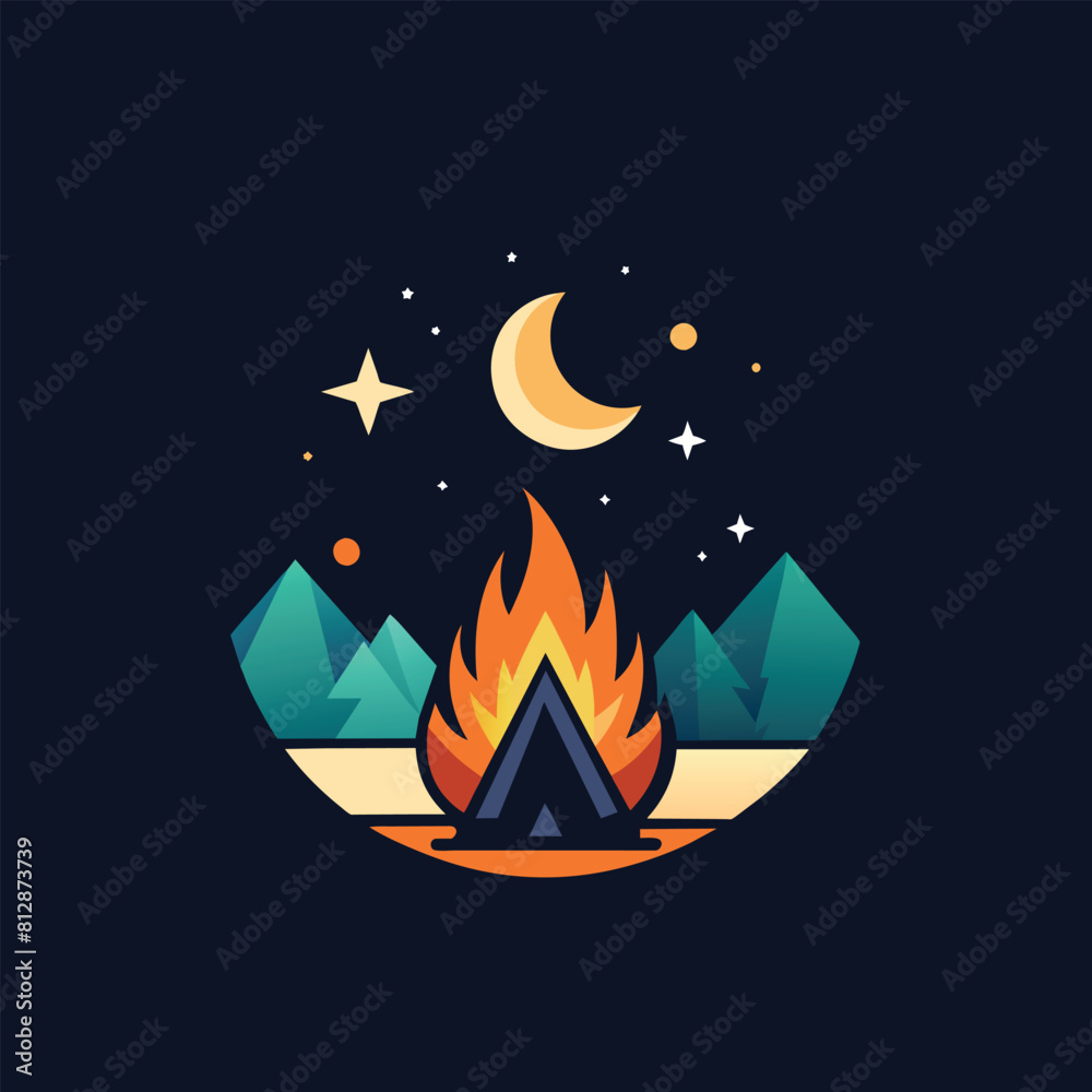 A campfire burns brightly under a starry night sky with a tent pitched in the middle, A simple image of a campfire under a starry night sky, minimalist logo A campfire burns brightly under a starry night sky with a tent pitched in the middle, A simple image of a campfire under a starry night sky, minimalist logo