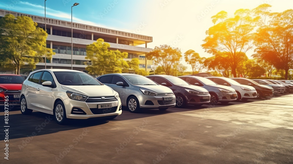 Car parked at outdoor parking lot. Used car for sale and rental service. Car insurance background. Automobile parking area. Car dealership and dealer agent concept. Automotive industry. Electric auto Car parked at outdoor parking lot. Used car for sale and rental service. Car insurance background. Automobile parking area. Car dealership and dealer agent concept. Automotive industry. Electric auto