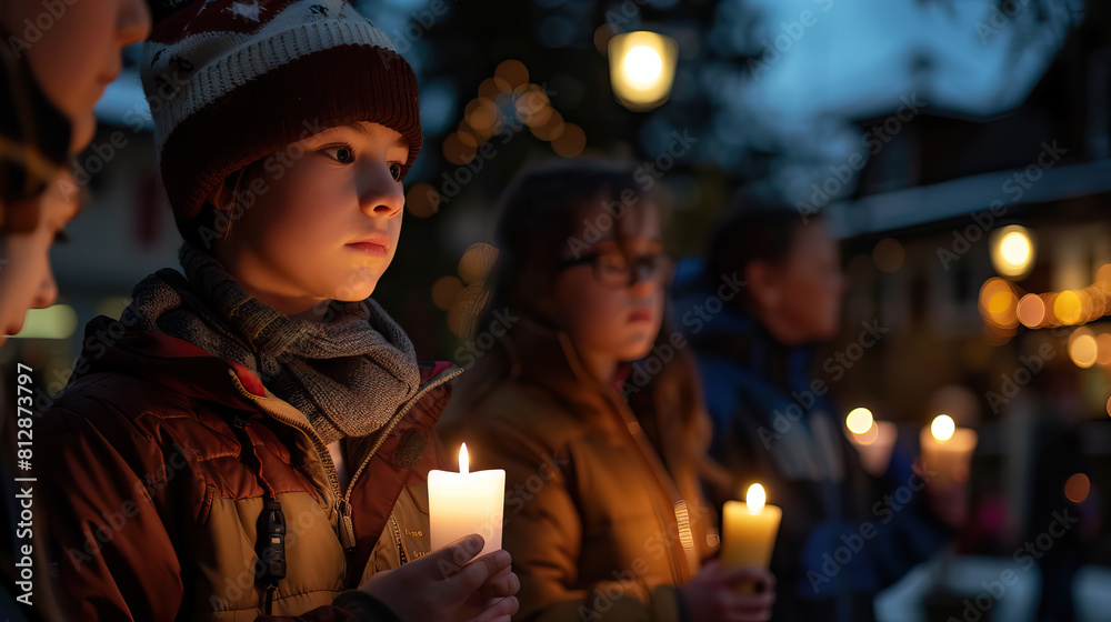 a candlelight vigil held in a town square, with families and community members. a candlelight vigil held in a town square, with families and community members.