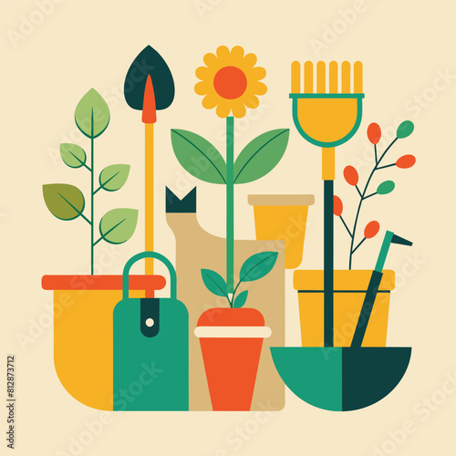 Various types of gardening tools neatly arranged in a minimalist display, A simple graphic of gardening tools in a minimalist, abstract form