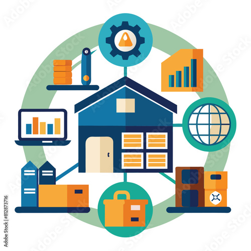 A house sitting amidst a collection of boxes and various items cluttering the space, A simple icon that communicates the concept of warehousing and inventory management