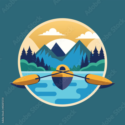 A person actively rowing a boat on a serene lake surrounded by nature, A simple image of a kayak floating on a calm river, minimalist logo