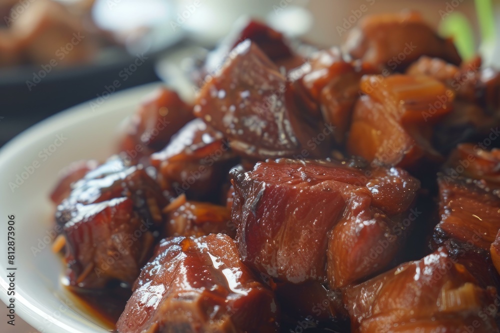 Closeup shot of succulent braised pork belly in a savory sauce on a white plate Closeup shot of succulent braised pork belly in a savory sauce on a white plate