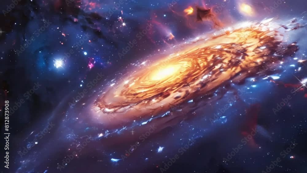 A spiral galaxy in the dark starry sky. The camera slowly zooms in on the purple galaxy. Rotating Nebula space animation