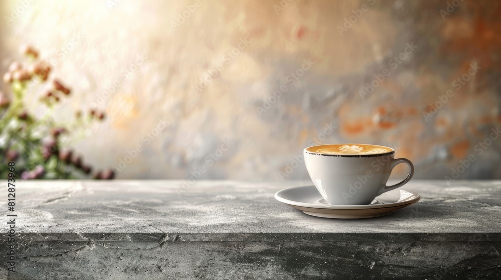Stone table top with copy space. Coffee shop background hyper realistic 