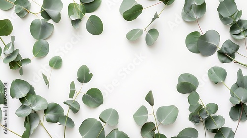 Eucalyptus leaves on white background Frame made of eucalyptus branches Flat lay top view copy space : Generative AI