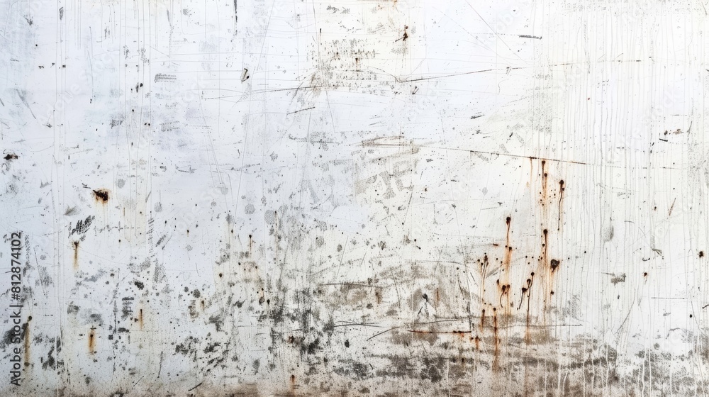 Close-up of a white painted metal wall with scratches and rust spots.