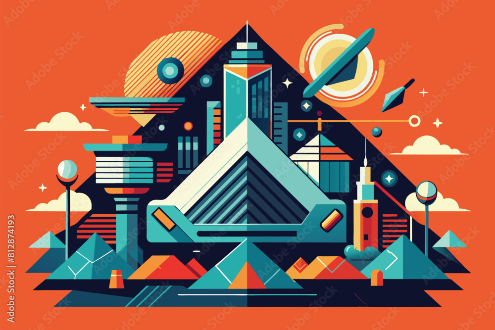 Naklejka premium A stylized illustration of a futuristic city with sleek geometric buildings and advanced technology, A sleek, geometric representation of modern technology, minimalist logo