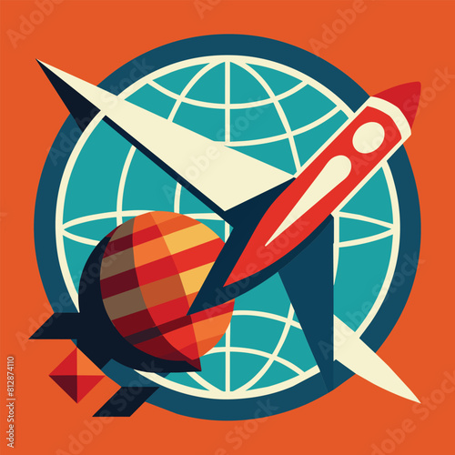 A modern graphic design with an airplane in flight over a globe on a vibrant orange background, A sleek, geometric design featuring a globe and airplane icon