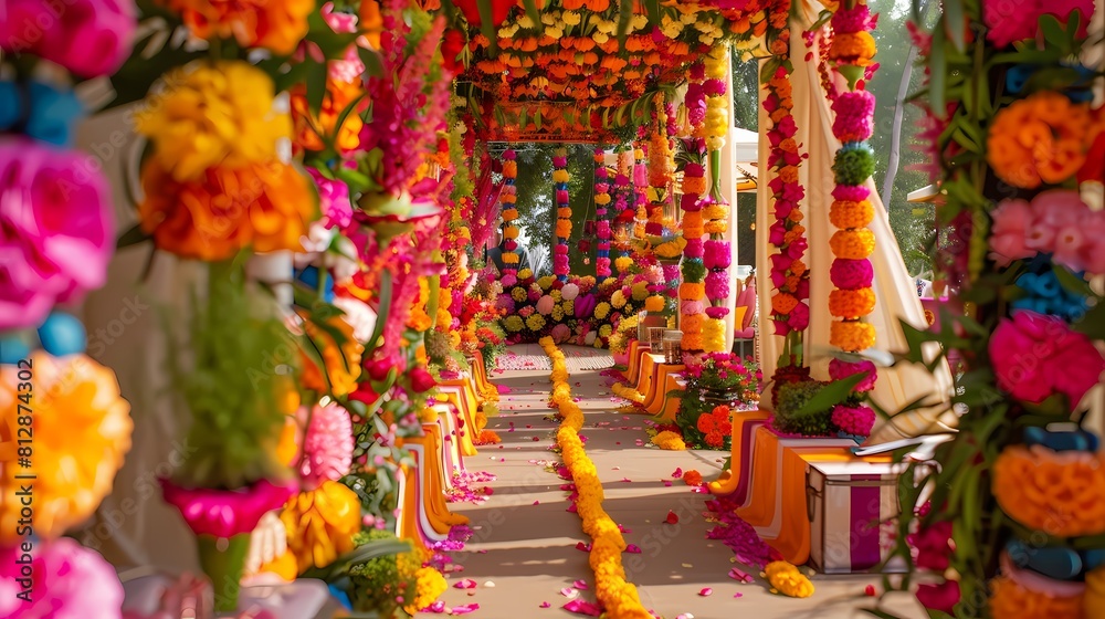 Intricate Mehndi decorations adorned with colorful flowers, creating a lively and celebratory atmosphere for the joyous occasion