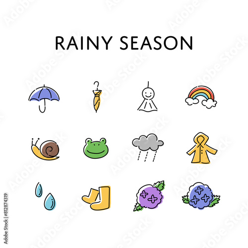 手描きのシンプルな梅雨のイラストセット