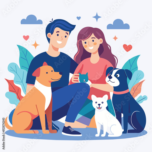 A man and woman are seated next to two dogs and two cats, A sleek, minimalistic design showing pets and their owners bonding