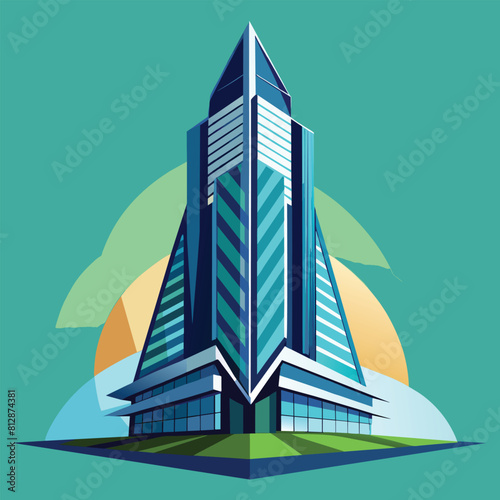 A tall modern building stands on a vast green field under the sky, A sleek, modern skyscraper design with geometric shapes and clean lines