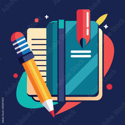 A pencil placed on top of a closed notebook, showcasing a simple and organized workspace, A sleek and elegant design of a pen and notebook for a journalism blog