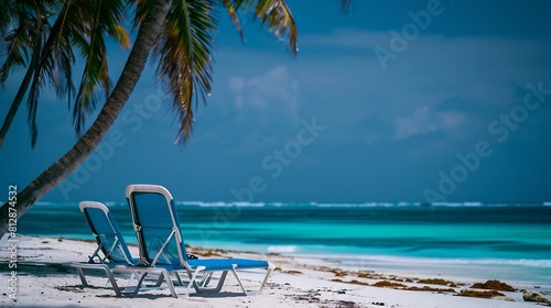 Dominican Republic Punta Cana beach chairs on the ocean with turquoise water and palm trees : Generative AI