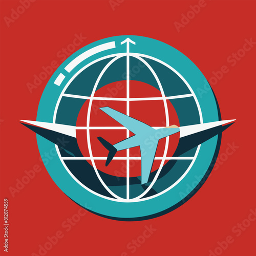 A commercial airplane flying above a globe on a vibrant red background, A sleek and minimalist design featuring a globe and airplane icon