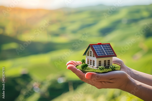 Mini model of a house with solar panels. photo