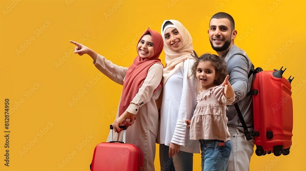 Fototapeta premium Family Travel Concept Happy middle eastern parents with little daughter carrying suitcases and pointing aside at copy space on yellow background mom dad and child ready for vacation pa : Generative AI