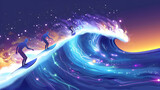 Luminous Surf: Surfers Riding Bioluminescent Waves in a Surreal Surfing Experience under the Stars   Isometric Flat Design Illustration
