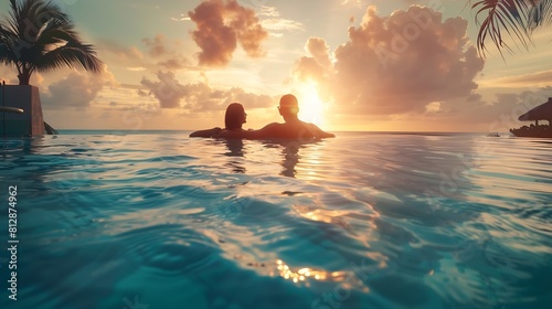 Panoramic photo of couple in pool enjoying tropical vacation by sunset   Generative AI