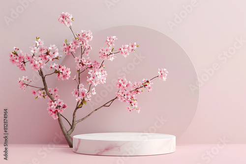 Podium with flowers on a romantic background of clouds. Pastel and pink colors.