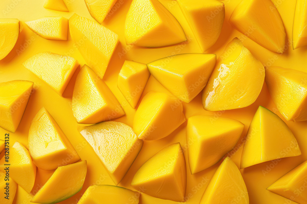 close up view of mango slices arranged in a pattern on a yellow background close up view of mango slices arranged in a pattern on a yellow background